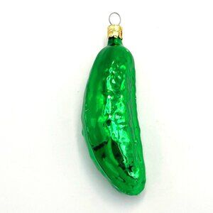 Vintage Glass Pickle Christmas Ornament Green Metallic Czechoslovakia Good Luck